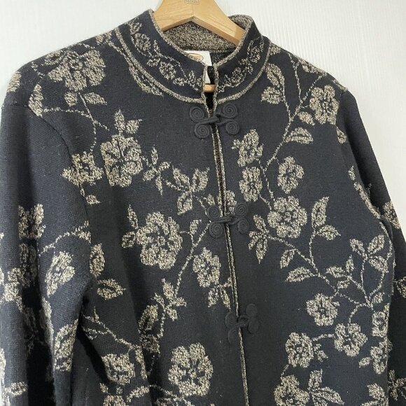 VTG Talbots Size S Black Gold Floral 100% Merino Wool Cardigan w/ Frog Closure - Picture 9 of 16